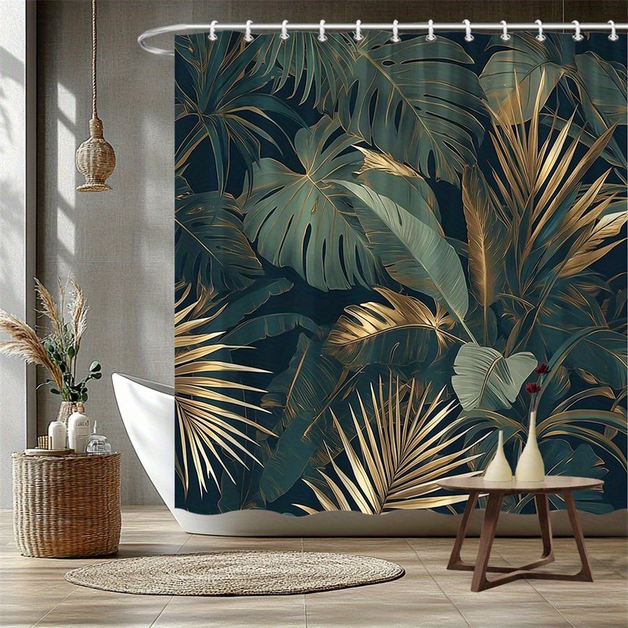 1pc Tropical Jungle Shower Curtain Large Lush Green Leaves Monstera Palm Golden Metallic Accents Dark Green Background Modern Botanical Luxurious Bathroom Decor Moving Gift 177.8X177.8cm 12 Hooks - image 3