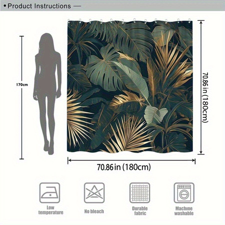 1pc Tropical Jungle Shower Curtain Large Lush Green Leaves Monstera Palm Golden Metallic Accents Dark Green Background Modern Botanical Luxurious Bathroom Decor Moving Gift 177.8X177.8cm 12 Hooks - image 4