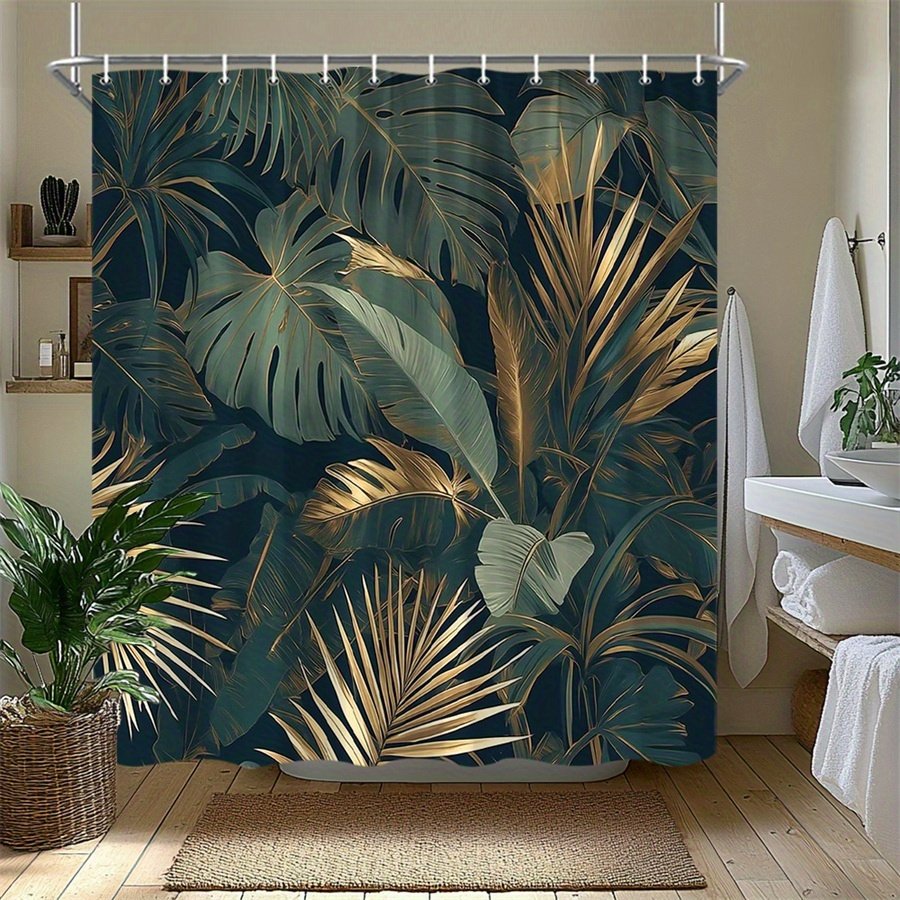1pc Tropical Jungle Shower Curtain Large Lush Green Leaves Monstera Palm Golden Metallic Accents Dark Green Background Modern Botanical Luxurious Bathroom Decor Moving Gift 177.8X177.8cm 12 Hooks - image 5