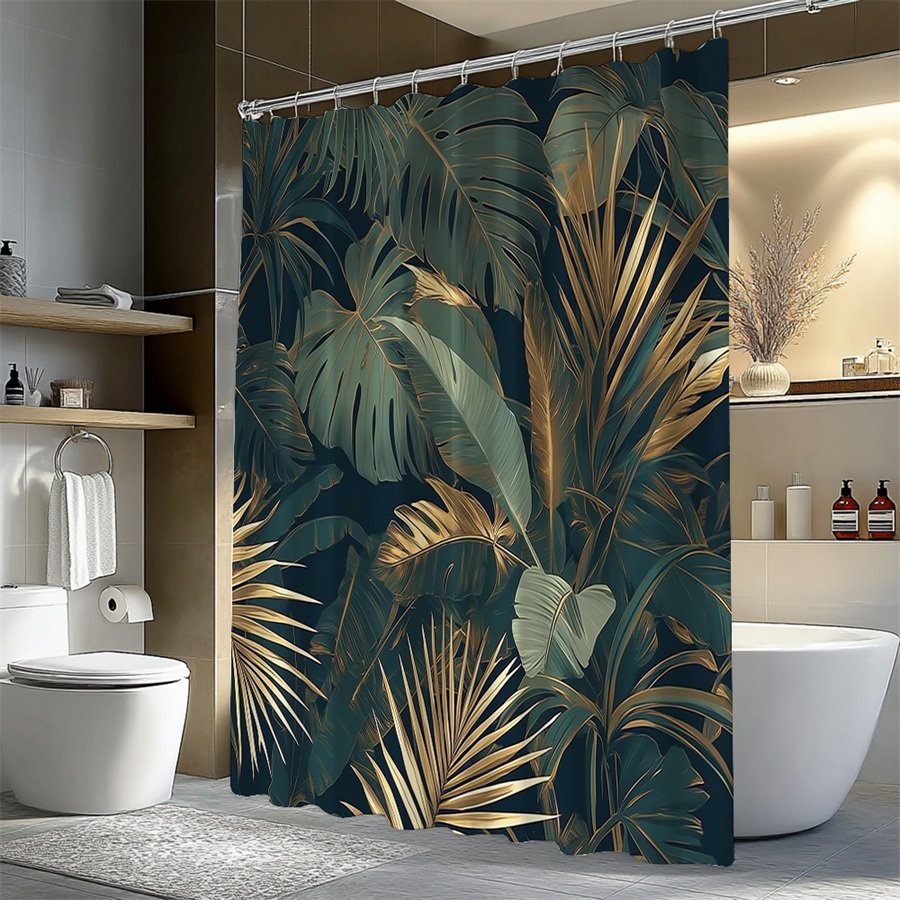 1pc Tropical Jungle Shower Curtain Large Lush Green Leaves Monstera Palm Golden Metallic Accents Dark Green Background Modern Botanical Luxurious Bathroom Decor Moving Gift 177.8X177.8cm 12 Hooks - image 6
