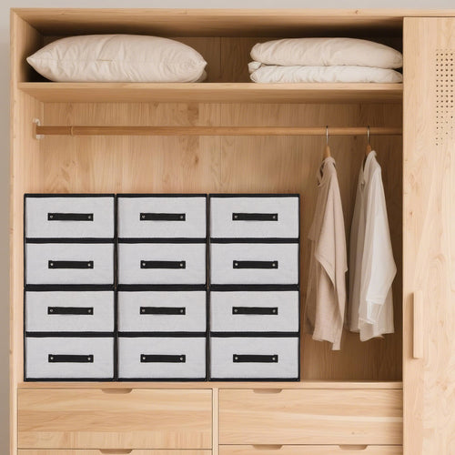 Fabric storage drawers open showing folded clothes inside