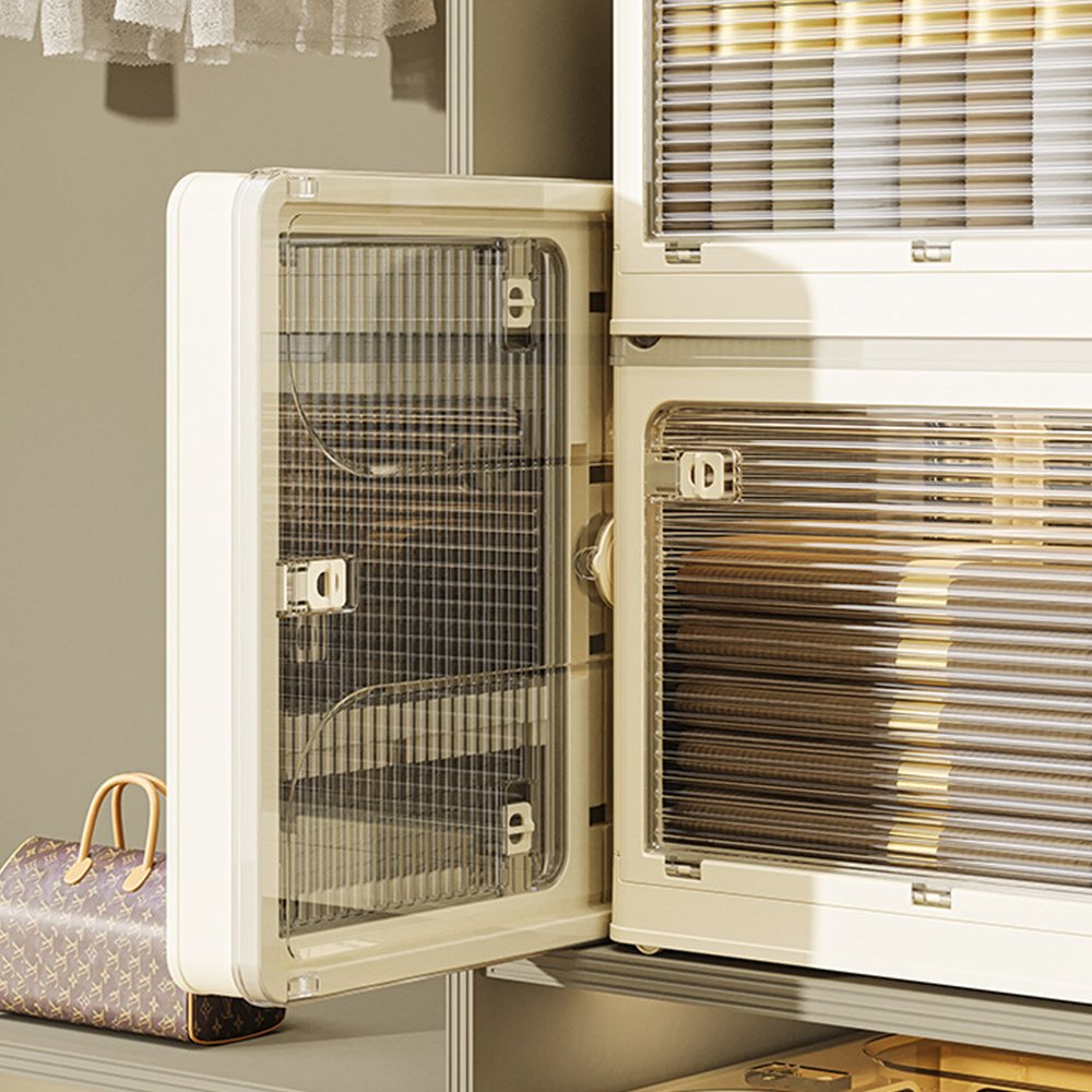Cream storage box holding folded jumpers and clothes in bedroom