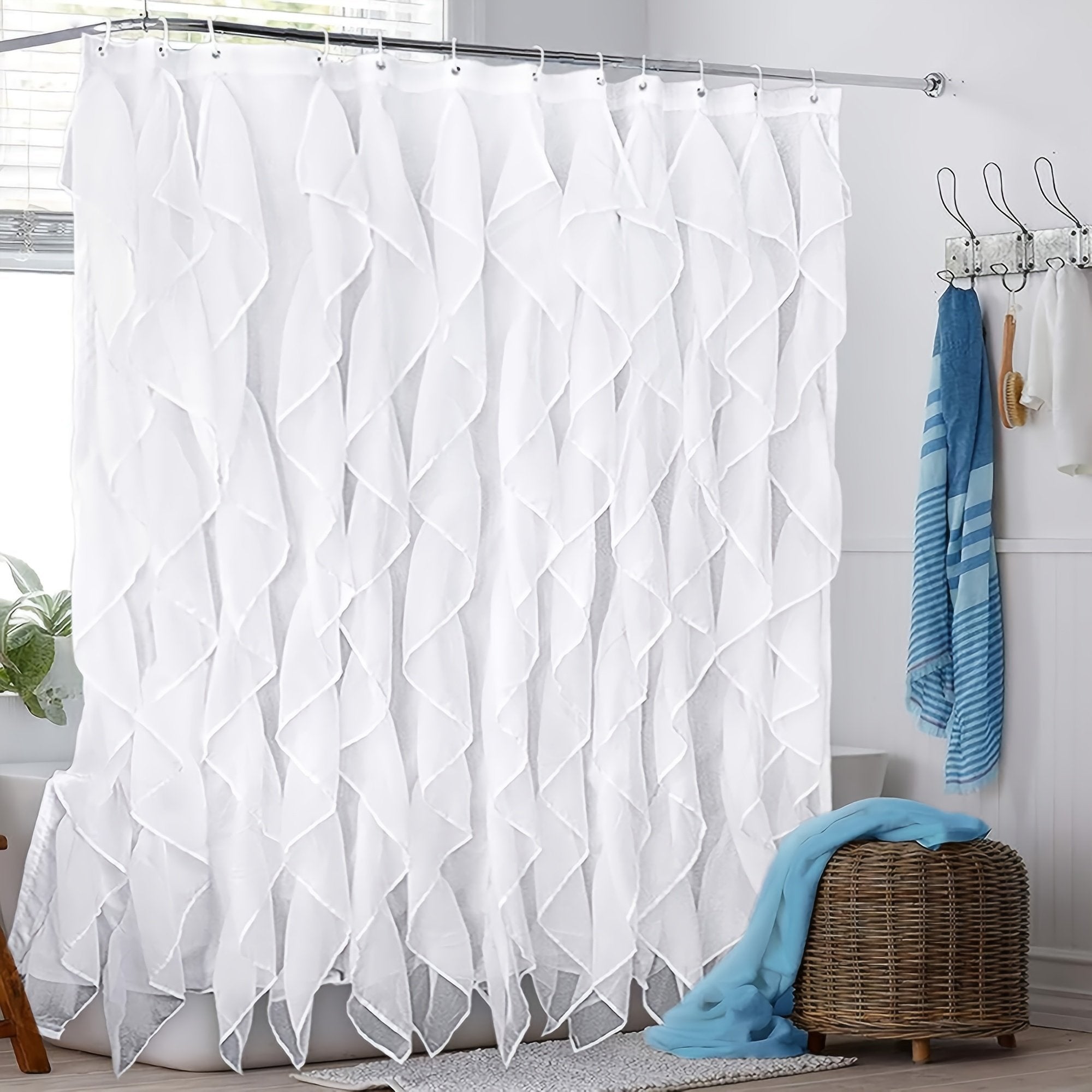 1pc White Pleated Shower Curtain with Tassels - Polyester, Artistic Ripple Design, Elegant Bathroom Decor for Windows, Hand Wash Only, Curtain | Elegant Bathroom Accessory | Easy Hang Hooks, Shower Curtain for Bathrooms - image 1