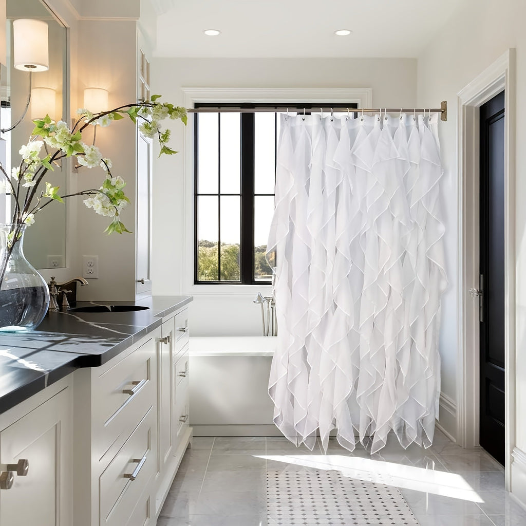 1pc White Pleated Shower Curtain with Tassels - Polyester, Artistic Ripple Design, Elegant Bathroom Decor for Windows, Hand Wash Only, Curtain | Elegant Bathroom Accessory | Easy Hang Hooks, Shower Curtain for Bathrooms - image 2
