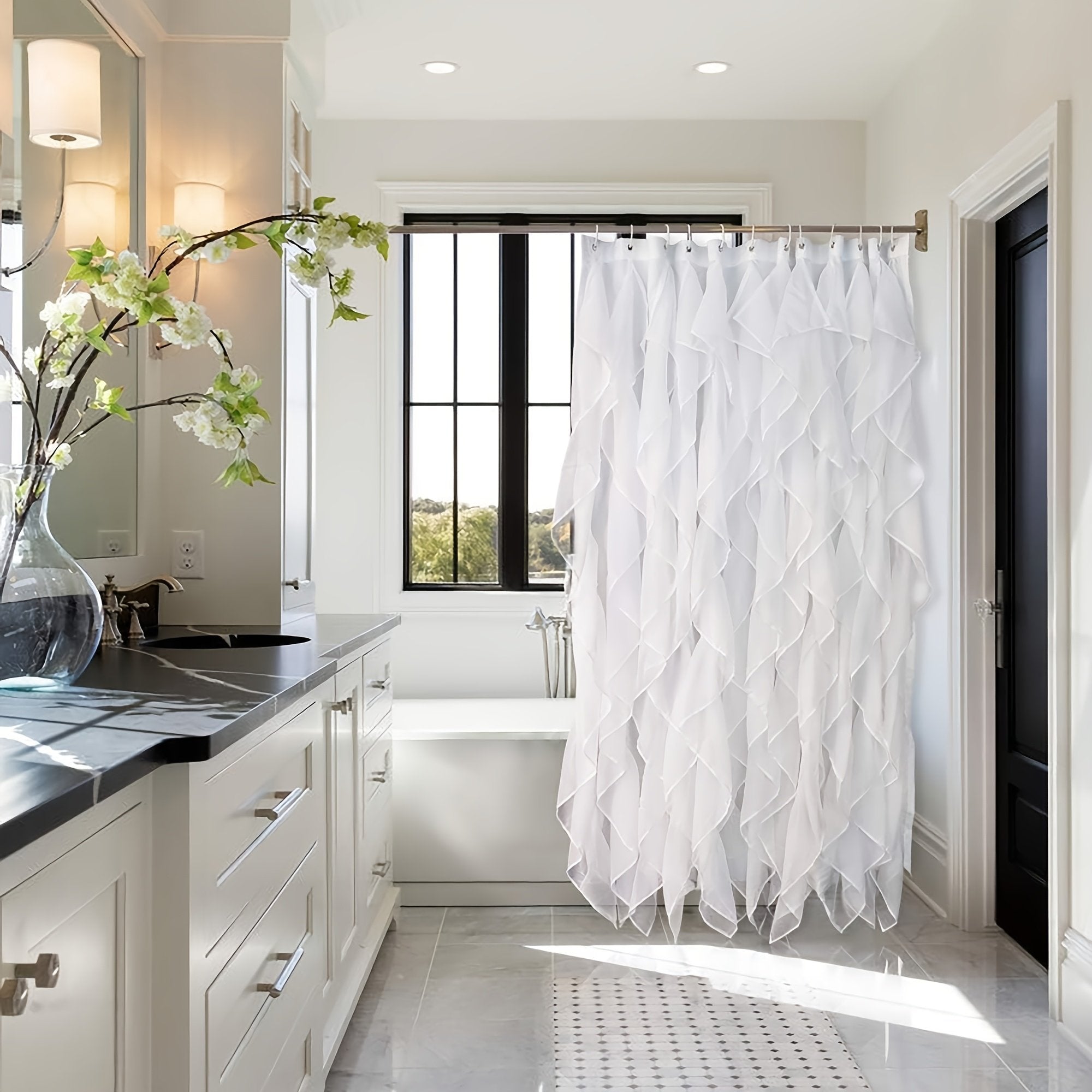 1pc White Pleated Shower Curtain with Tassels - Polyester, Artistic Ripple Design, Elegant Bathroom Decor for Windows, Hand Wash Only, Curtain | Elegant Bathroom Accessory | Easy Hang Hooks, Shower Curtain for Bathrooms - image 2