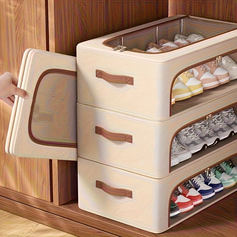 Heightening shoe boxes stacked to organise footwear under bed
