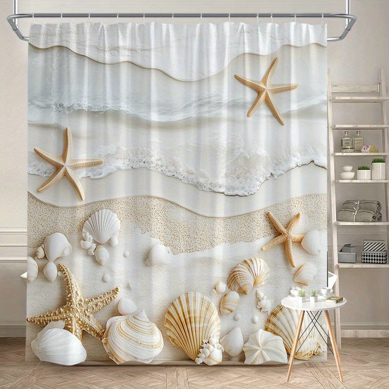 Tranquil waves and seashell shower curtain in neutral tones