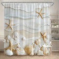 Tranquil waves and seashell shower curtain in neutral tones