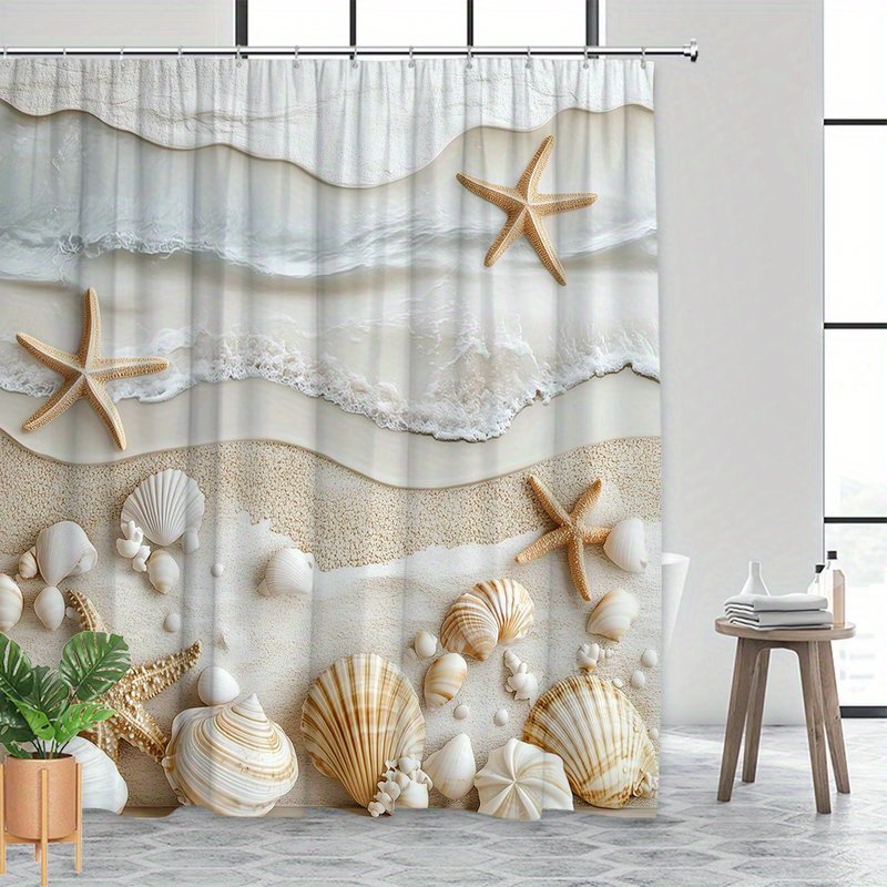 Neutral waves shower curtain hanging over bathtub
