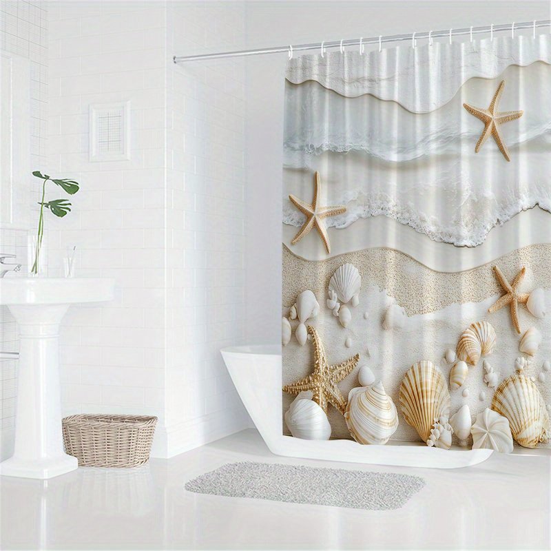 Ocean theme seashell bathroom curtain with 12 hooks