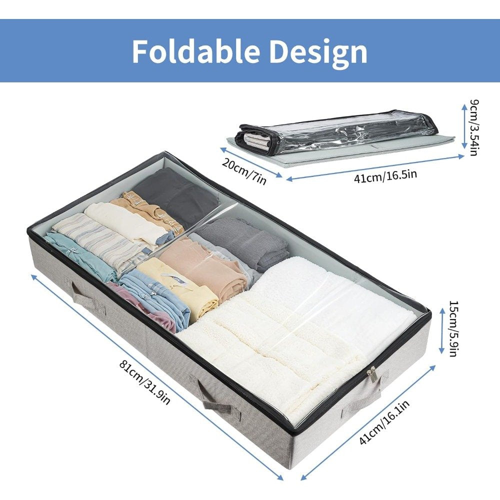Grey underbed storage bag holding folded clothes and blankets