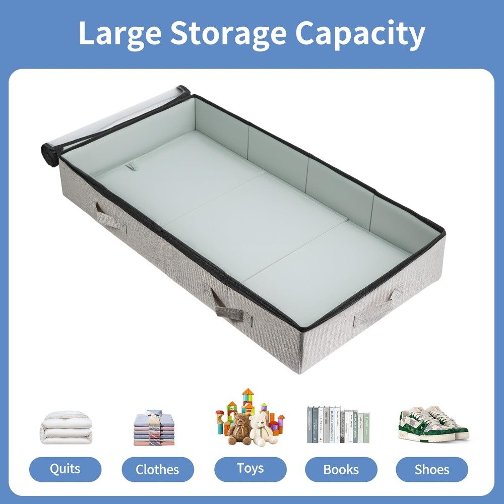 Storage bag clear window showing stored bedding under bed