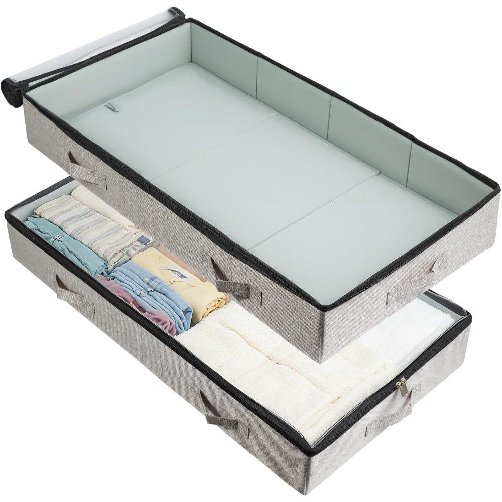 2 pack covered underbed storage boxes with transparent windows and handles