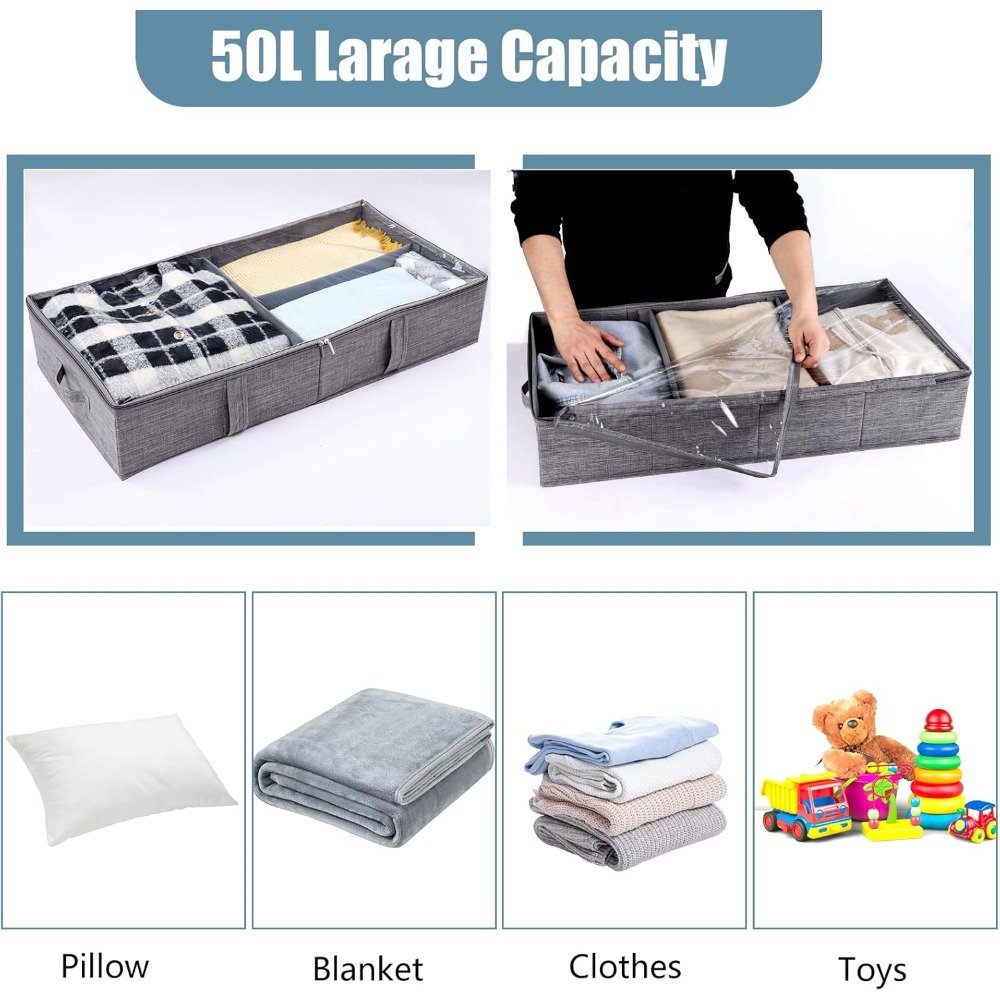 2-piece 50L covered bed bottom storage box, foldable linen storage box with sturdy side/bottom and adjustable partition, 4 handles for storing clothes, blankets, bedding, toys, shoes - image 5