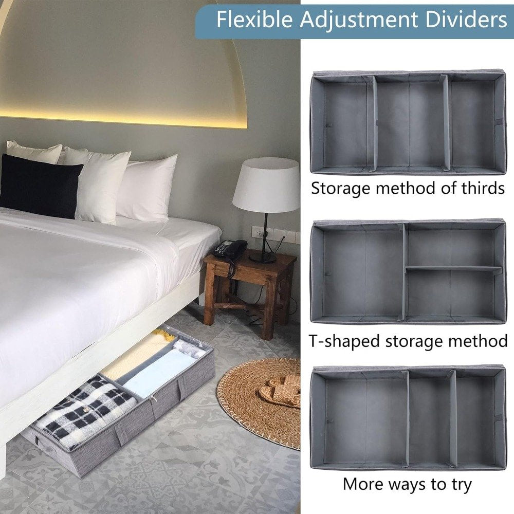 2-piece 50L covered bed bottom storage box, foldable linen storage box with sturdy side/bottom and adjustable partition, 4 handles for storing clothes, blankets, bedding, toys, shoes - image 6
