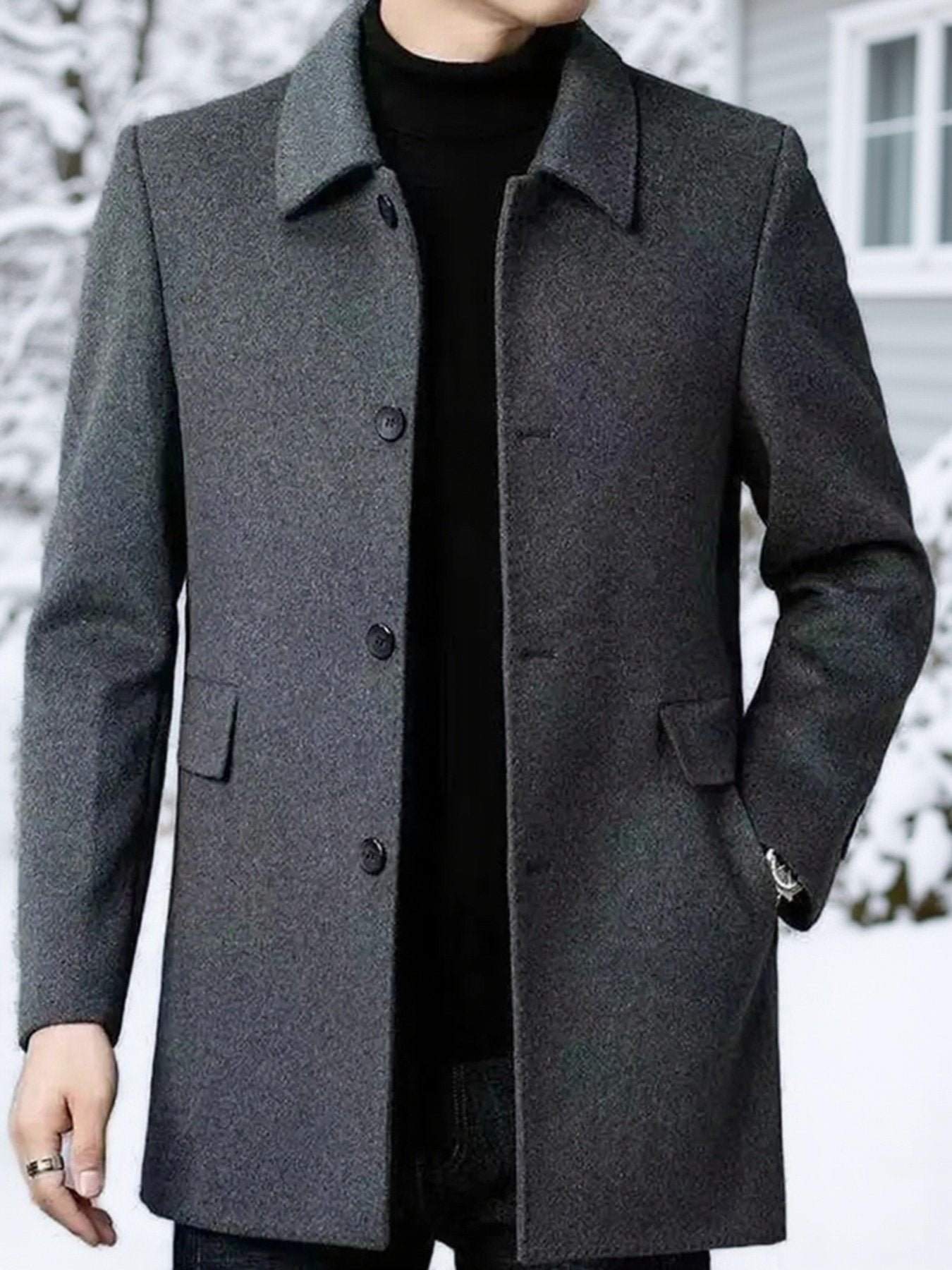 Men's dark grey single-breasted trench coat with lapel collar, front view