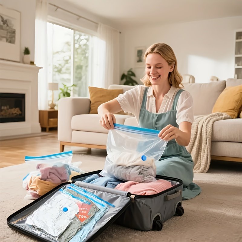 Vacuum storage bags in medium and extra large sizes for clothing and bedding