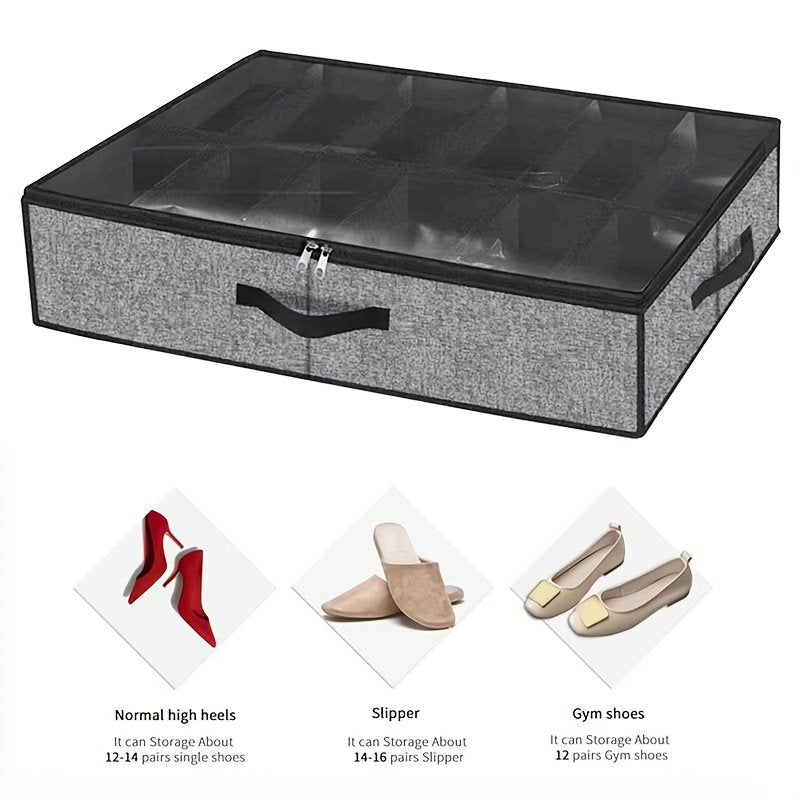 Breathable canvas shoe organiser holding 24 pairs under bed