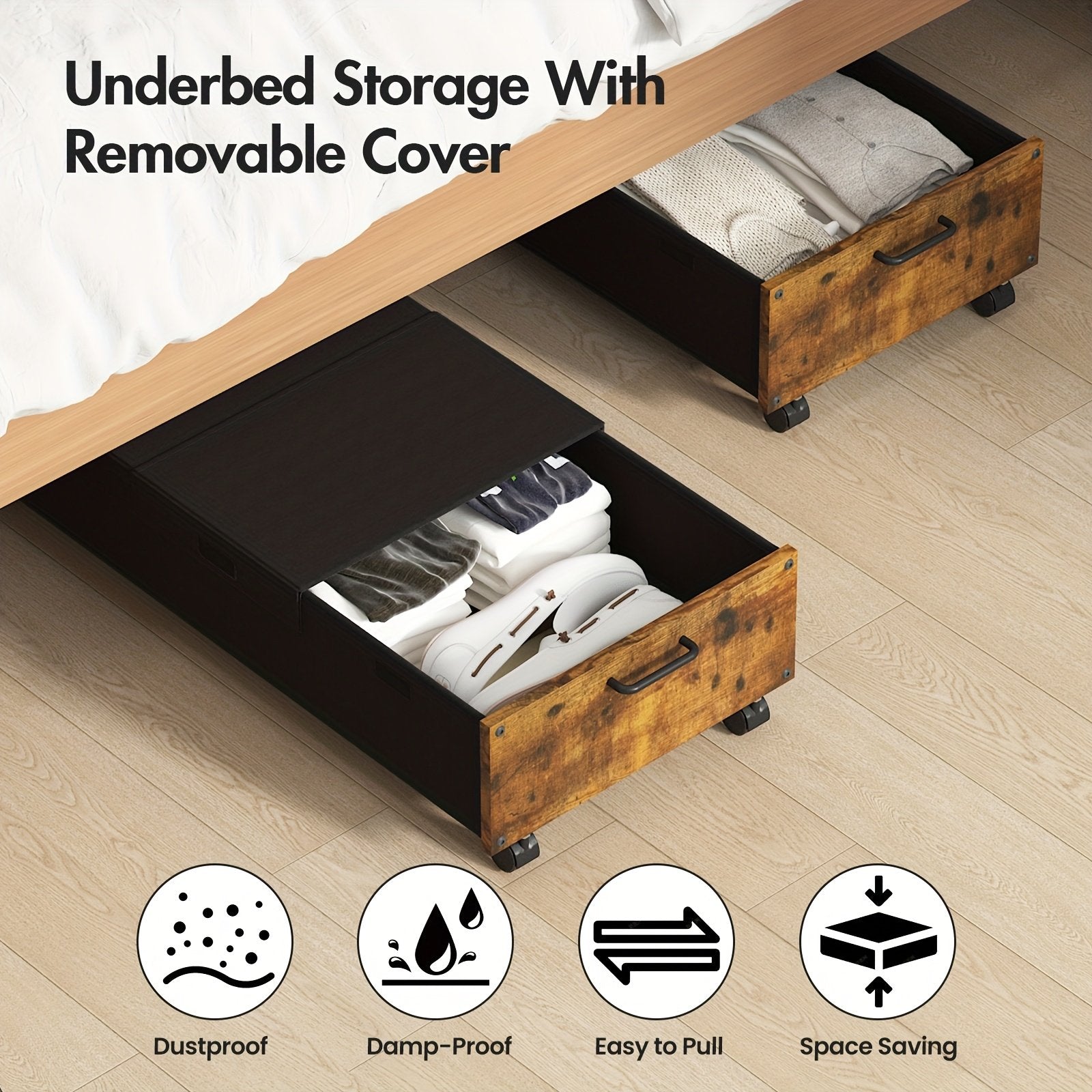 2pcs Under Bed Storage Box with Lid, 80L/100L Underbed Storage On Wheels, Large Storage Containers, Metal Frame Clothes Organiser Drawer, Clothes Boxes for, Shoes, Blankets, Under-Bed Storage - image 2