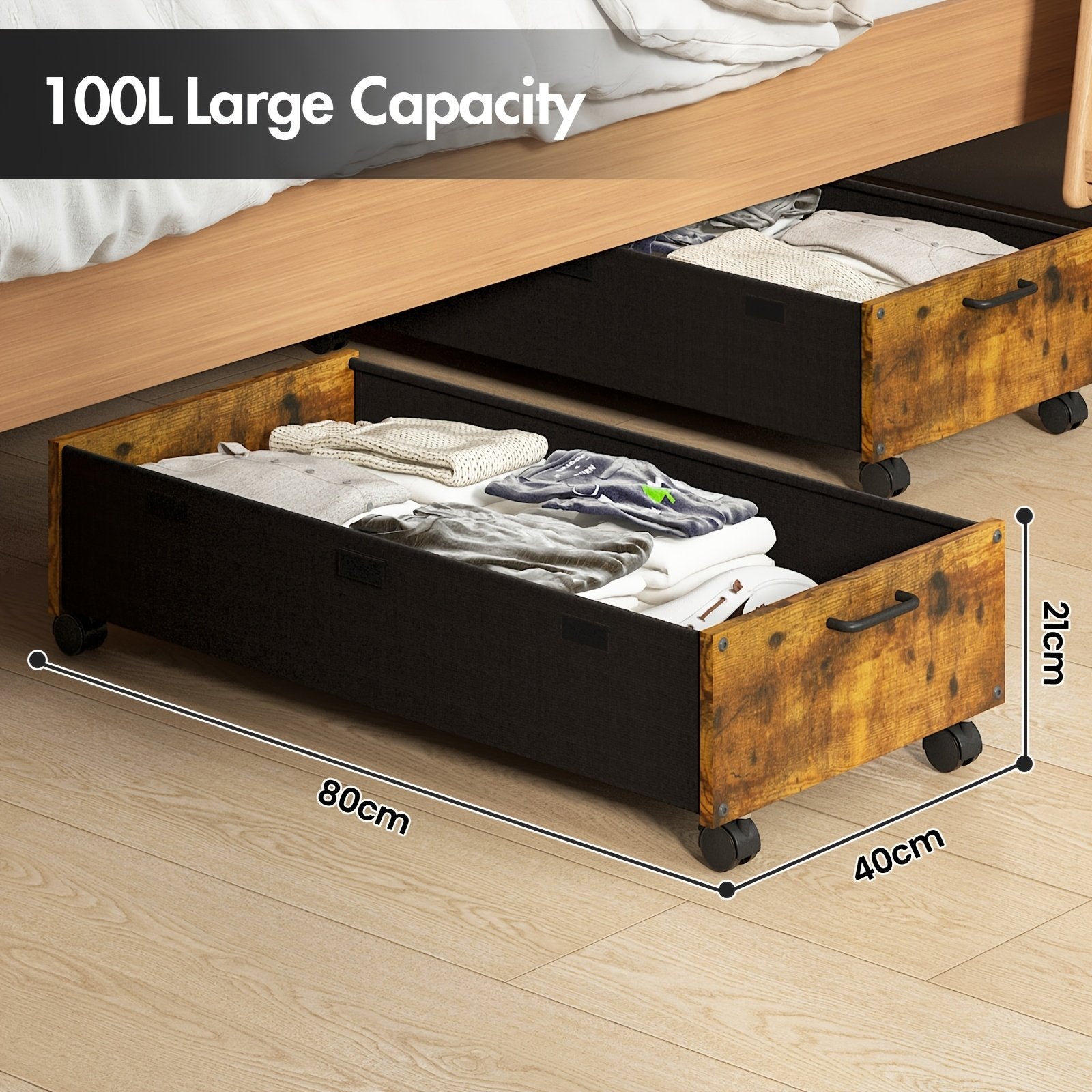 2pcs Under Bed Storage Box with Lid, 80L/100L Underbed Storage On Wheels, Large Storage Containers, Metal Frame Clothes Organiser Drawer, Clothes Boxes for, Shoes, Blankets, Under-Bed Storage - image 3