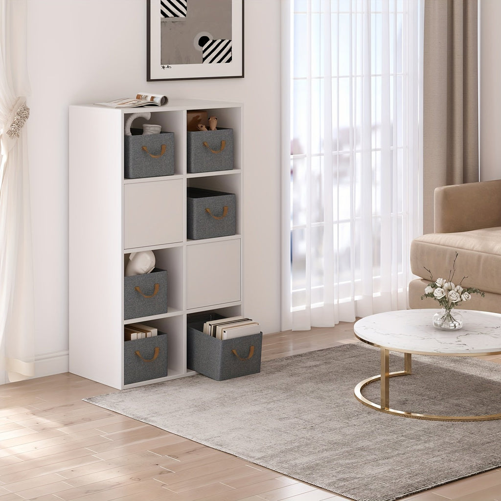 Grey fabric storage cube holding folded clothes in wardrobe