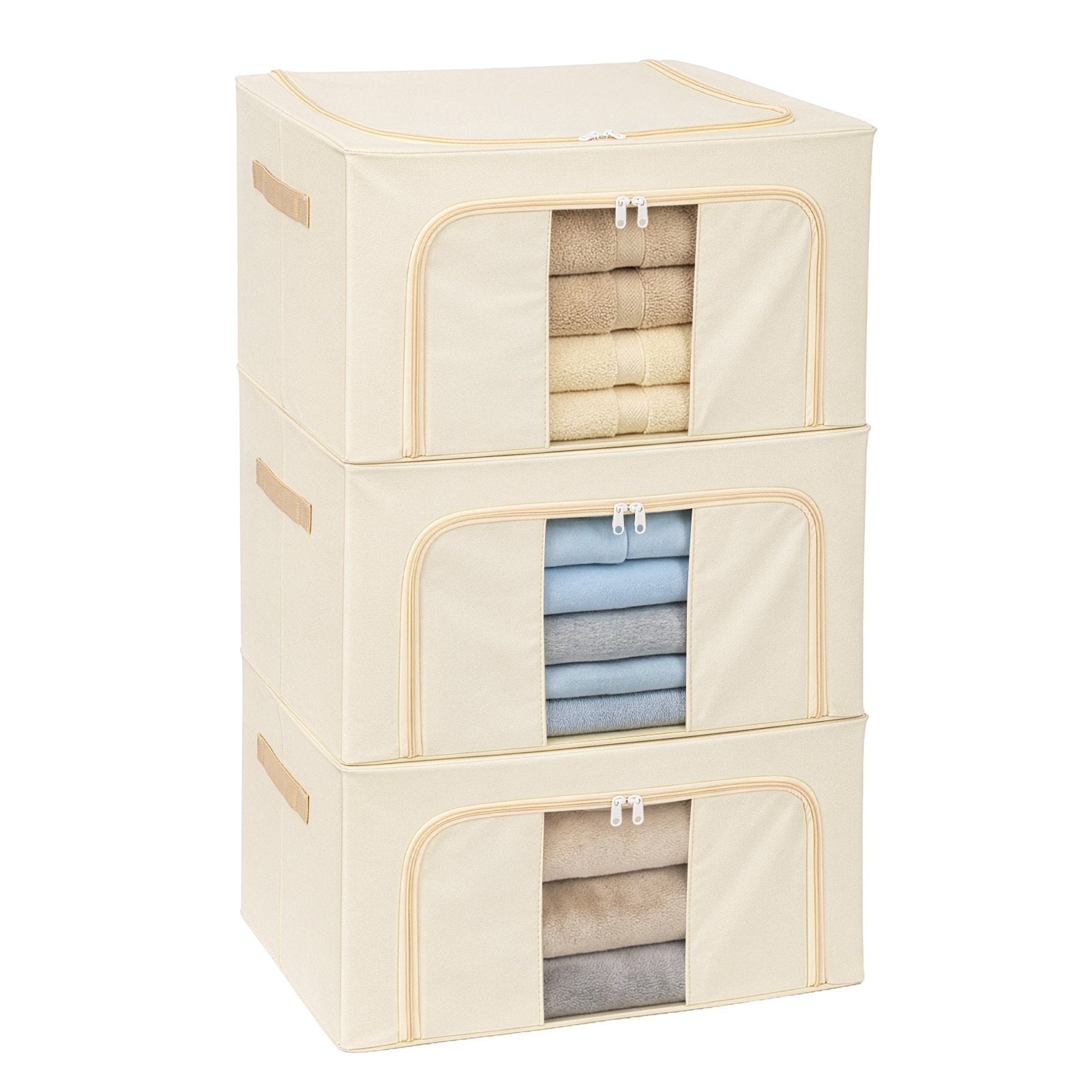 Oxford cloth storage box with zip closure holding folded clothing