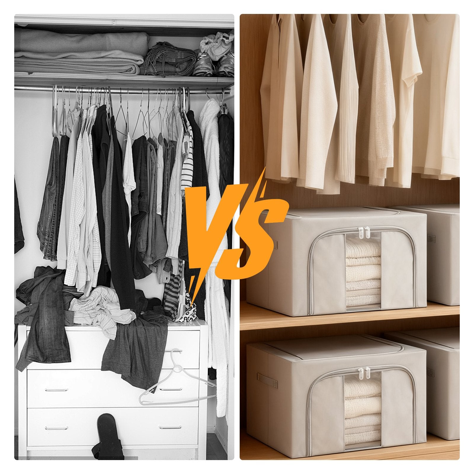 Durable Oxford cloth storage boxes stacked on wardrobe shelf
