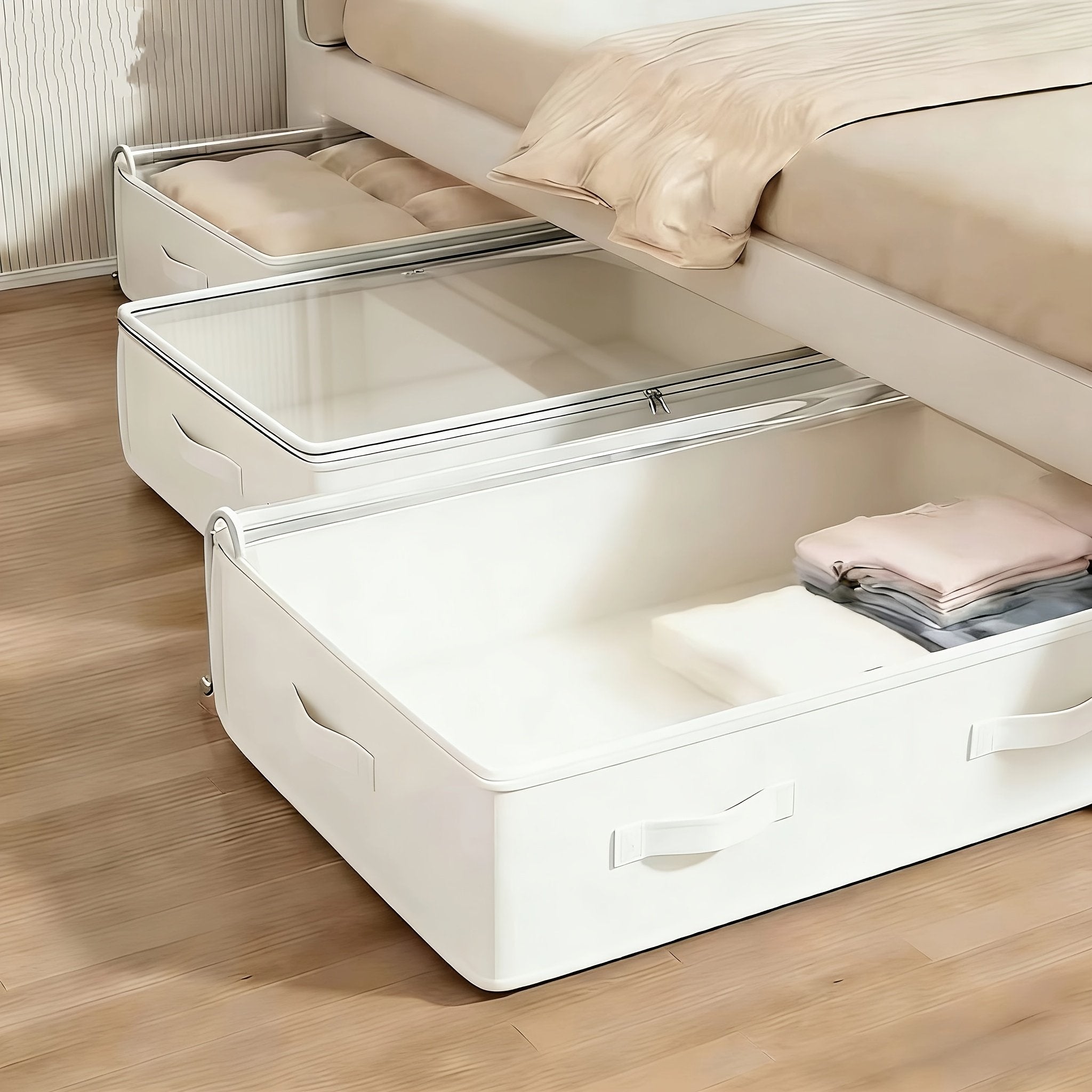 Set of 3 white foldable underbed storage bins for blankets and clothes