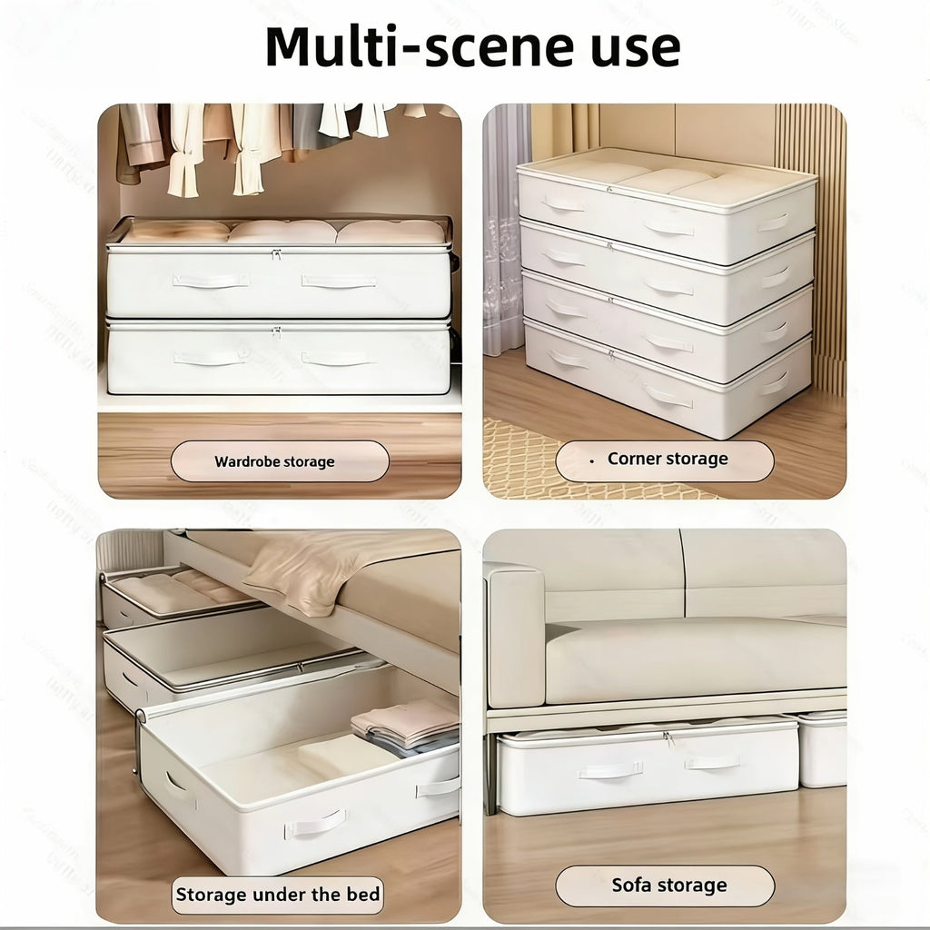 Three white storage bins slid neatly under a bed for tidy storage