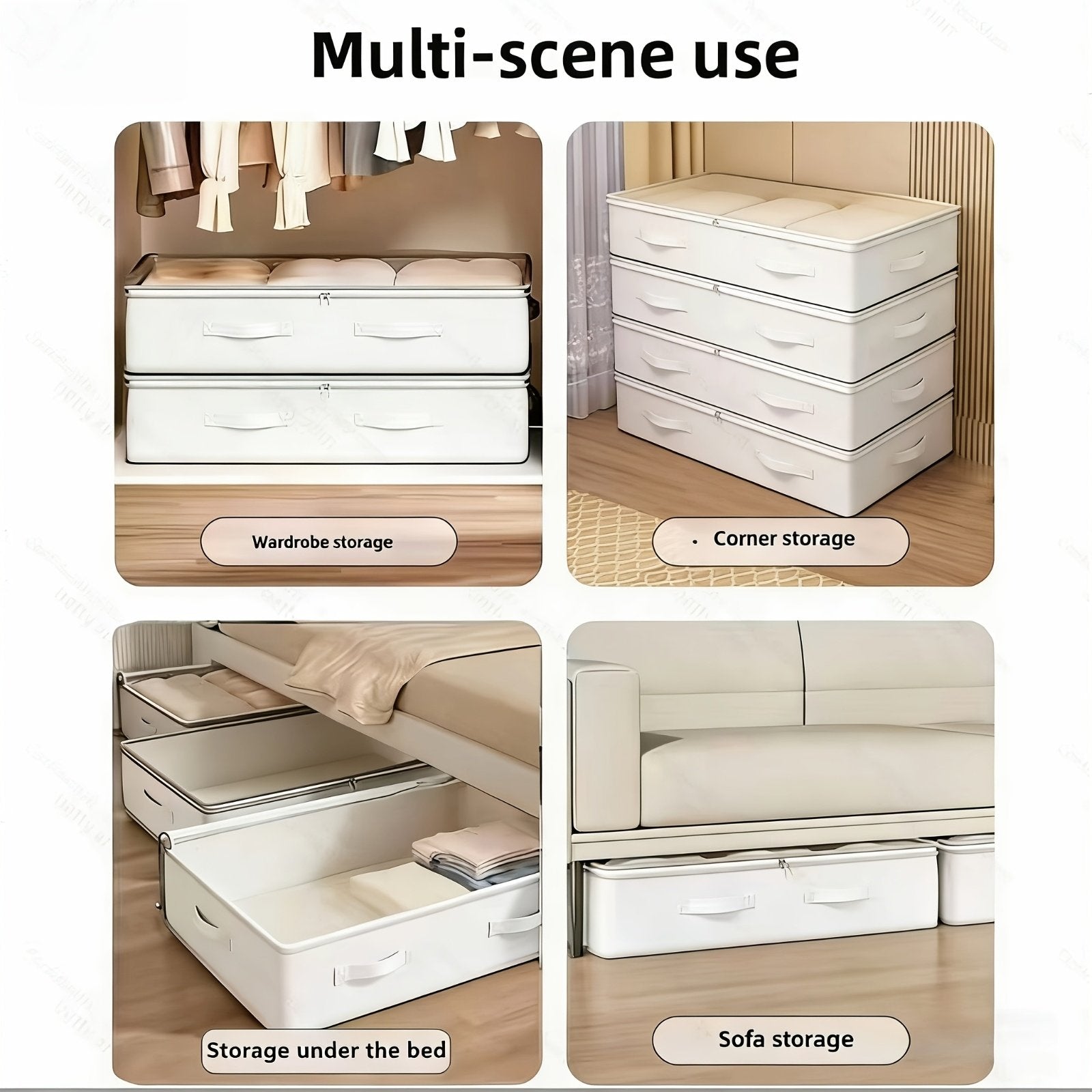 Three white storage bins slid neatly under a bed for tidy storage