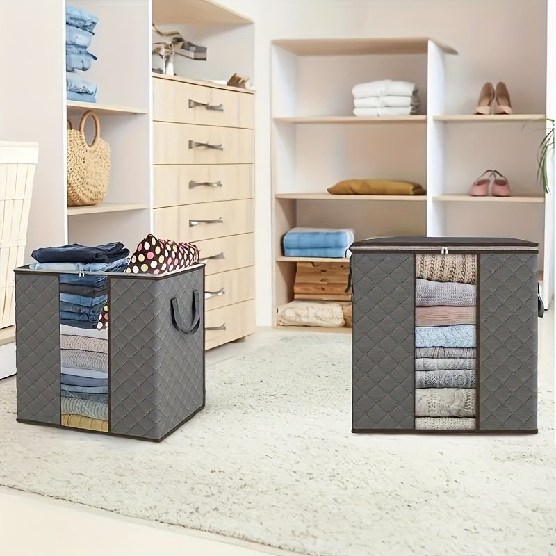 Light yellow and grey storage bag holding extra large comforter