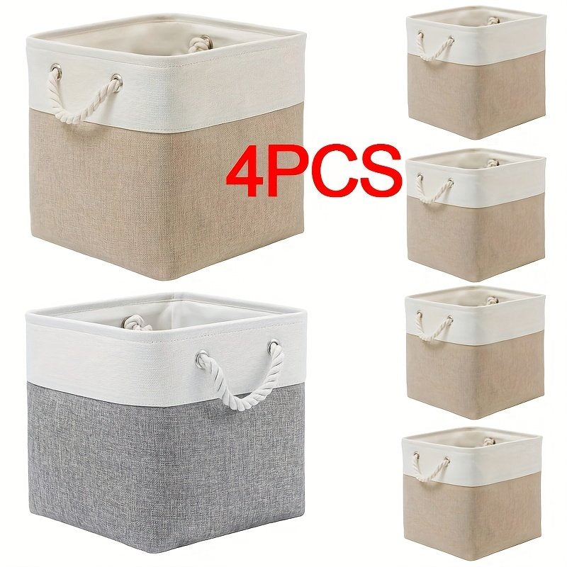 Grey fabric cube storage box holding folded clothes