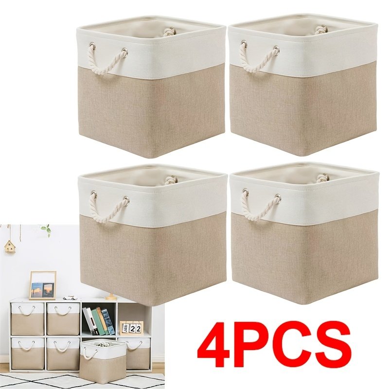 Fabric cube baskets lined up in cube shelving unit