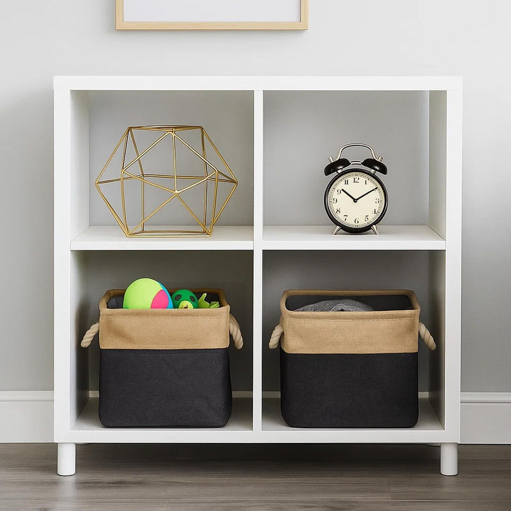 Fabric cube storage basket holding toys and clothes on shelf