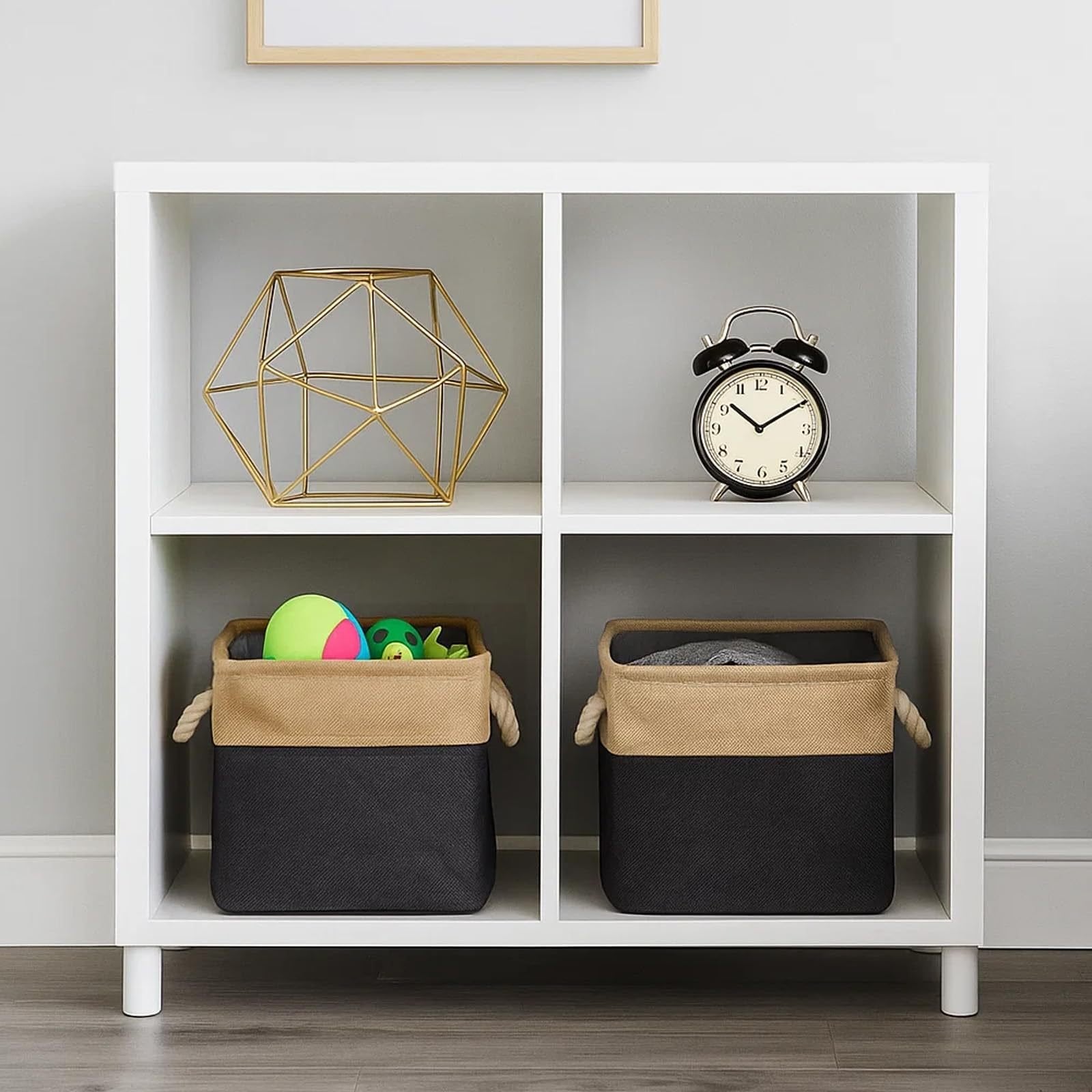 Fabric cube storage basket holding toys and clothes on shelf