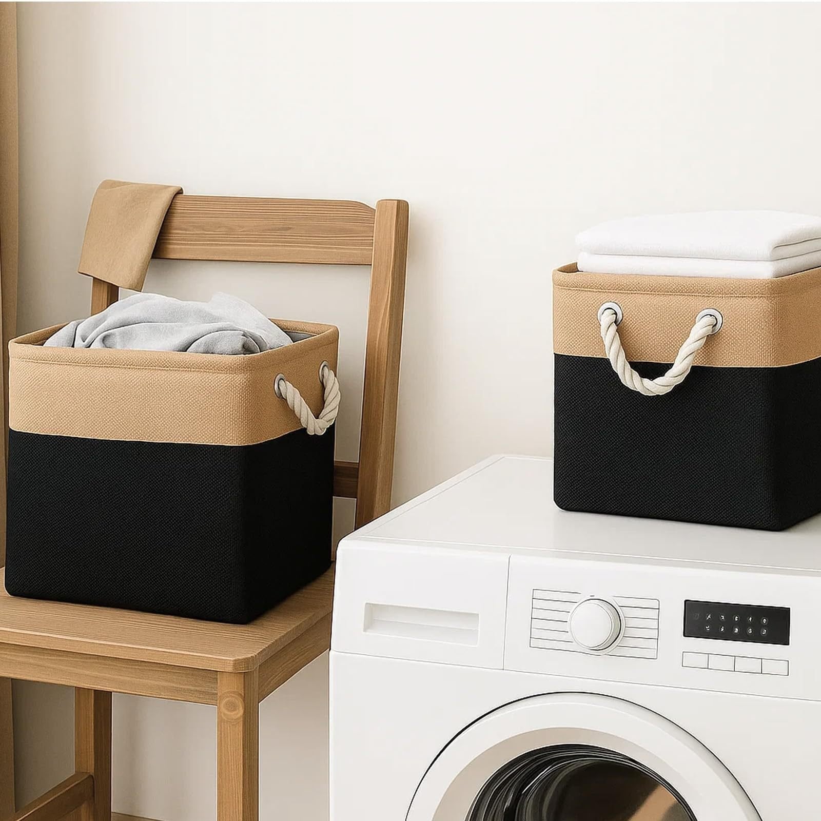 Foldable storage basket with sturdy handles for closet organisation