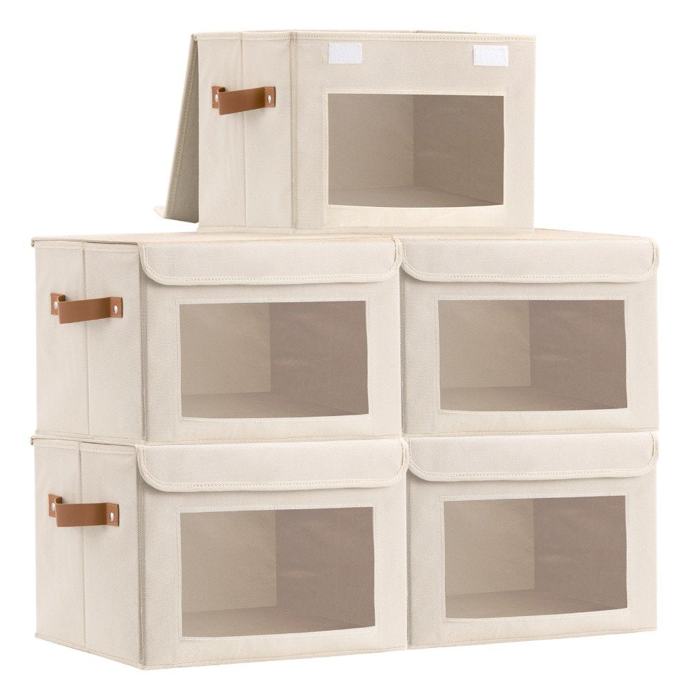Set of 5 foldable storage bins with lids and clear window for closet organisation
