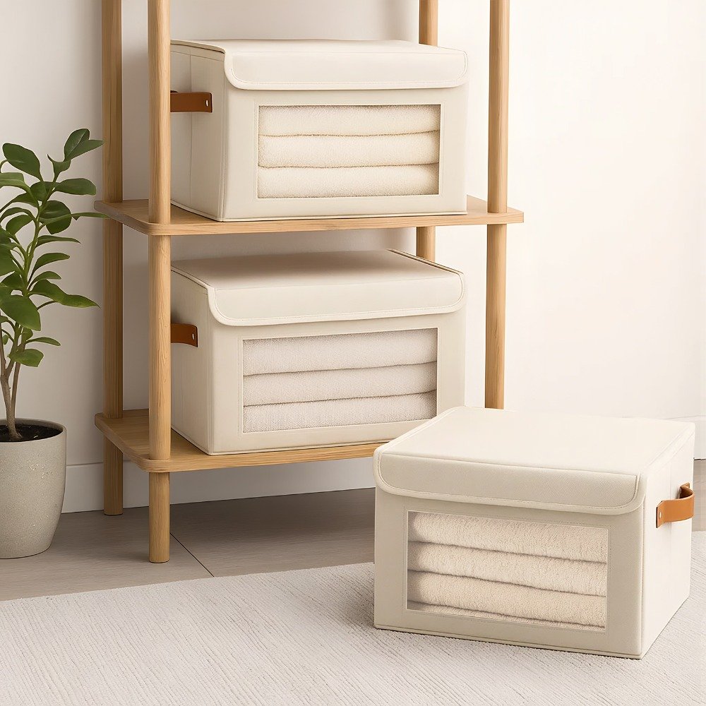 Grey fabric storage cube with clear view window and carry handles