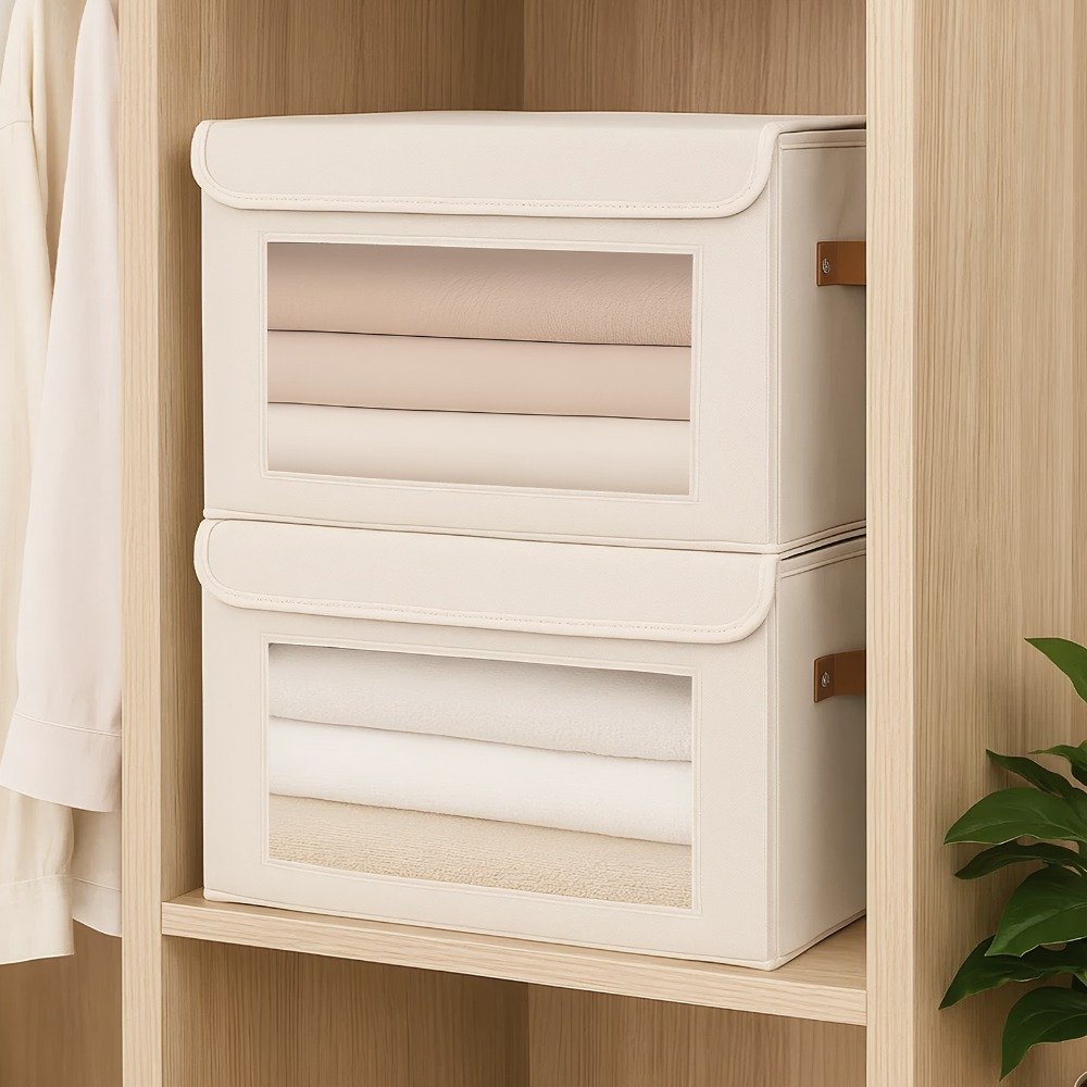 Lidded storage bins stacked neatly on a shelf to save space