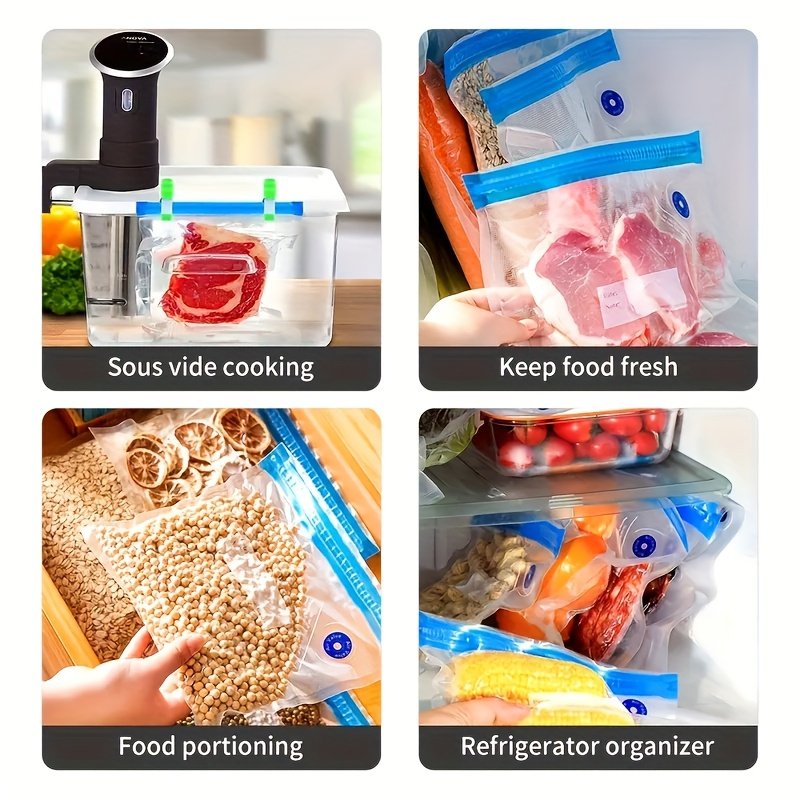 Vacuum sealed food bags stacked flat in freezer drawer to save space