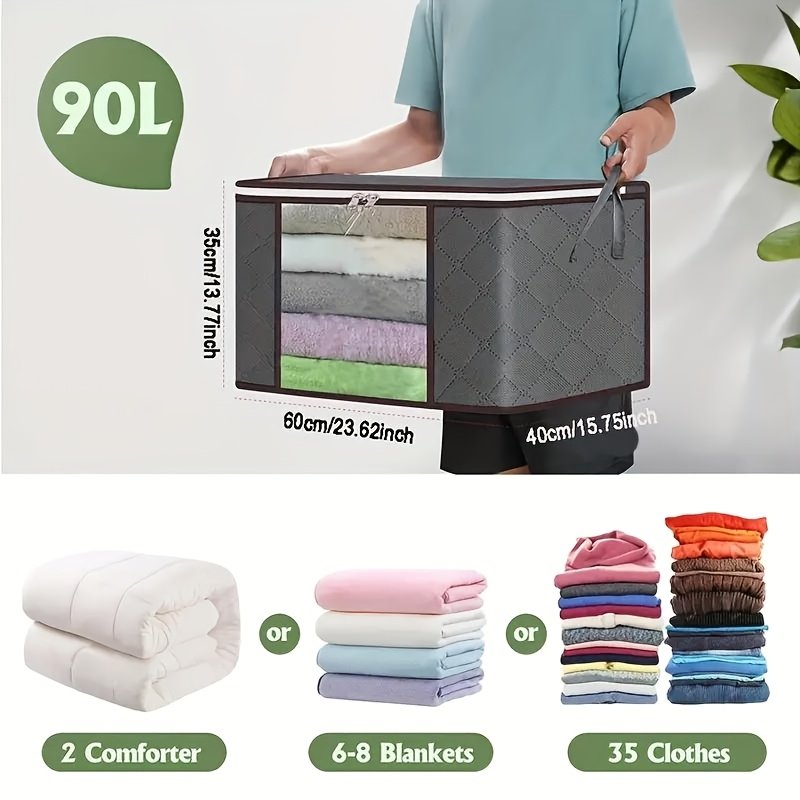 Extra large fabric storage bag holding folded blankets and pillows