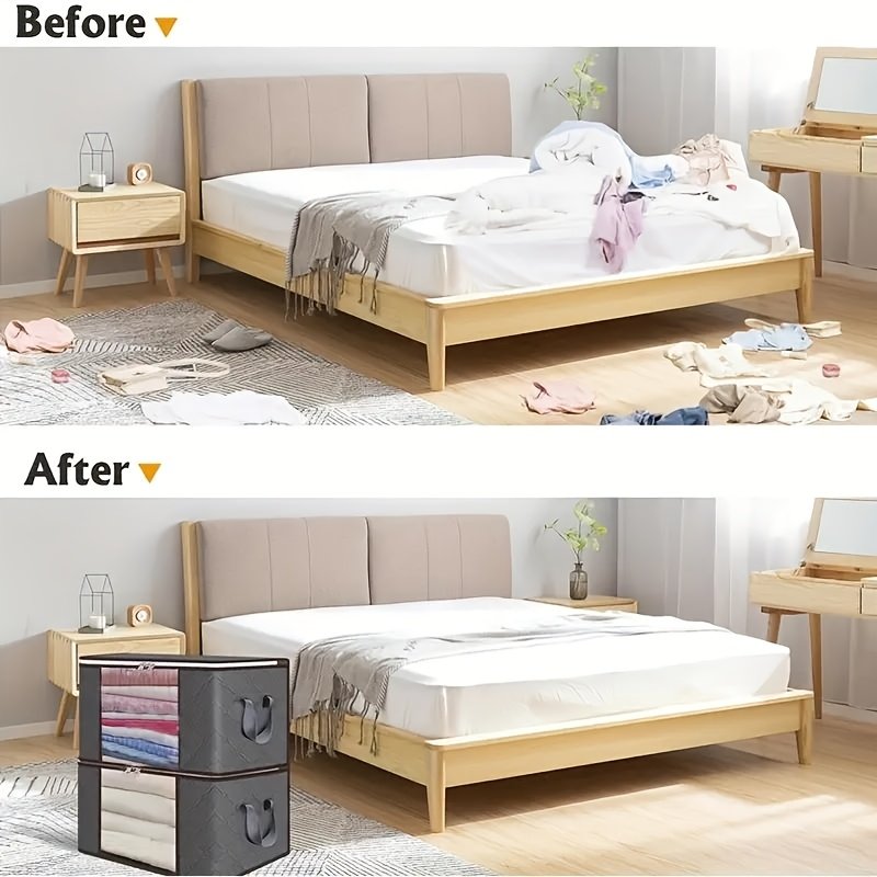 Storage bags stacked in wardrobe for bedding organisation