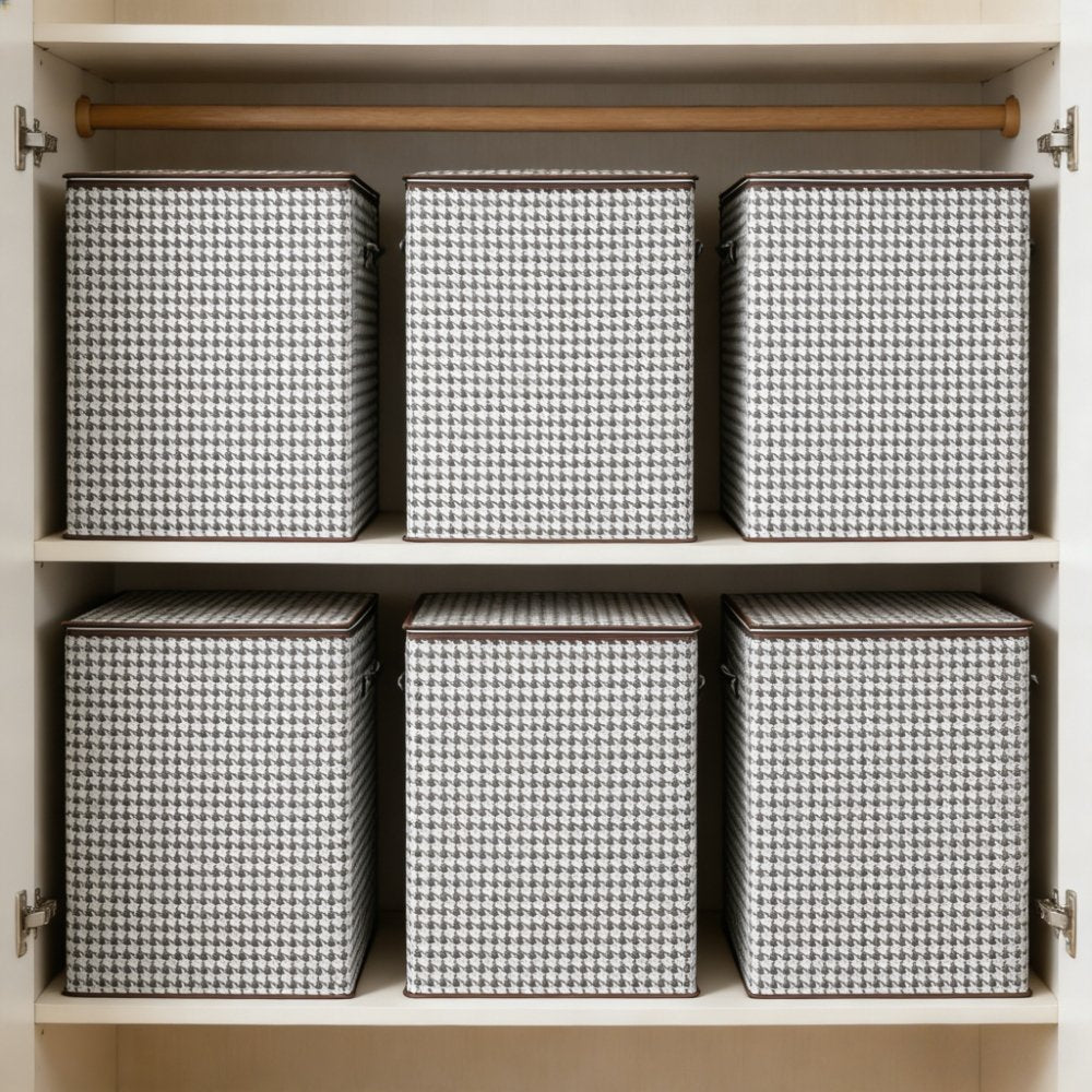 Set of 6 houndstooth foldable storage trunks 180L with lids for home organisation