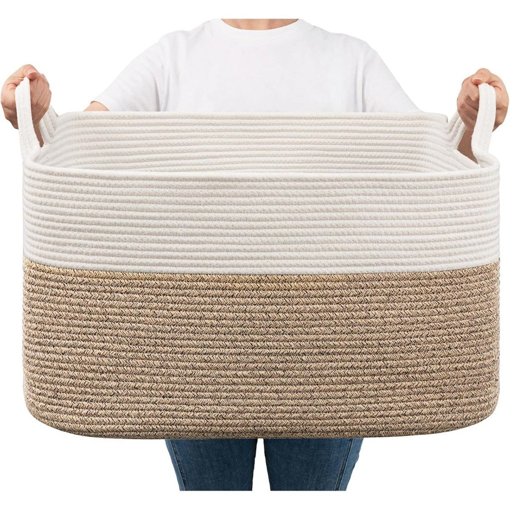 White and brown rope storage basket styled in nursery