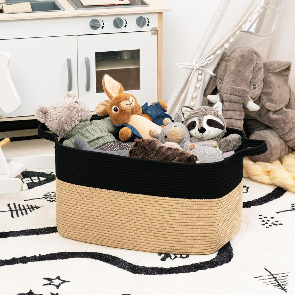 Large rope basket with handles for laundry and blanket storage