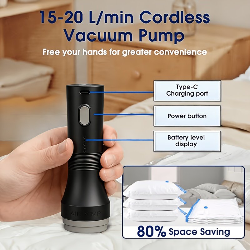 Electric pump compressing a travel vacuum bag full of clothes
