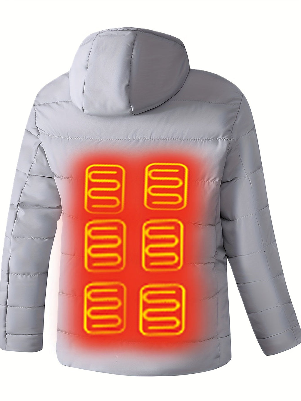 Men's heated hooded jacket showing dual control heating panel detail