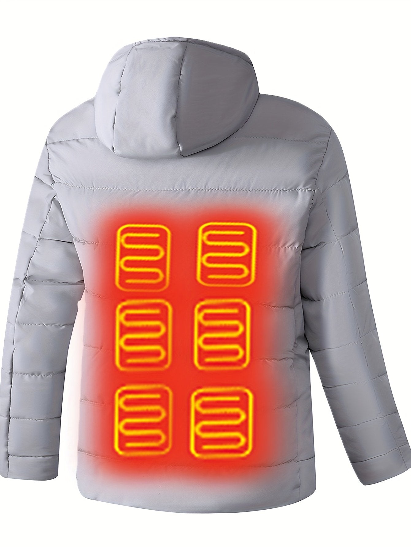 Men's heated hooded jacket showing dual control heating panel detail