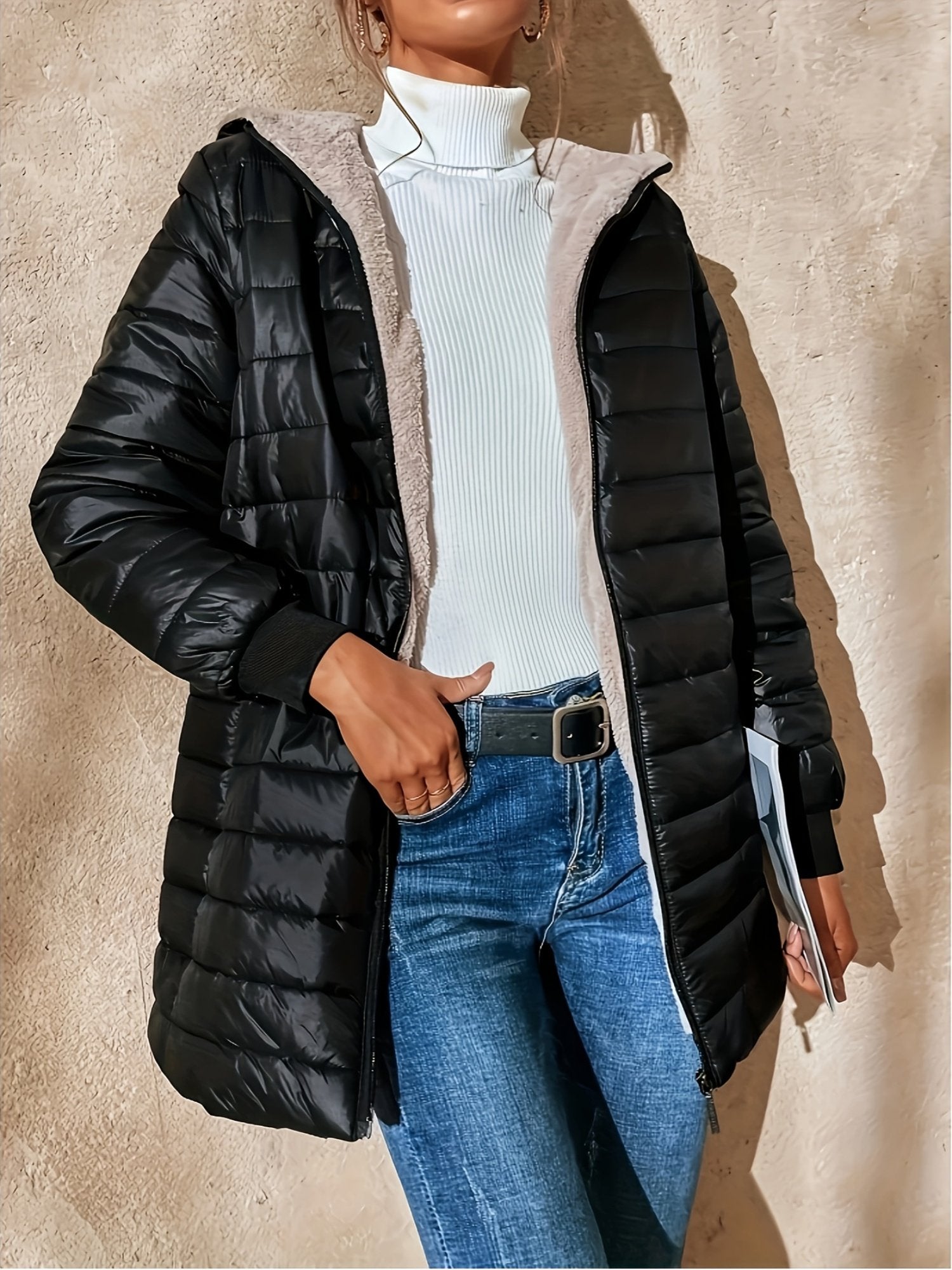Women's light grey hooded padded slim fit winter coat, front view