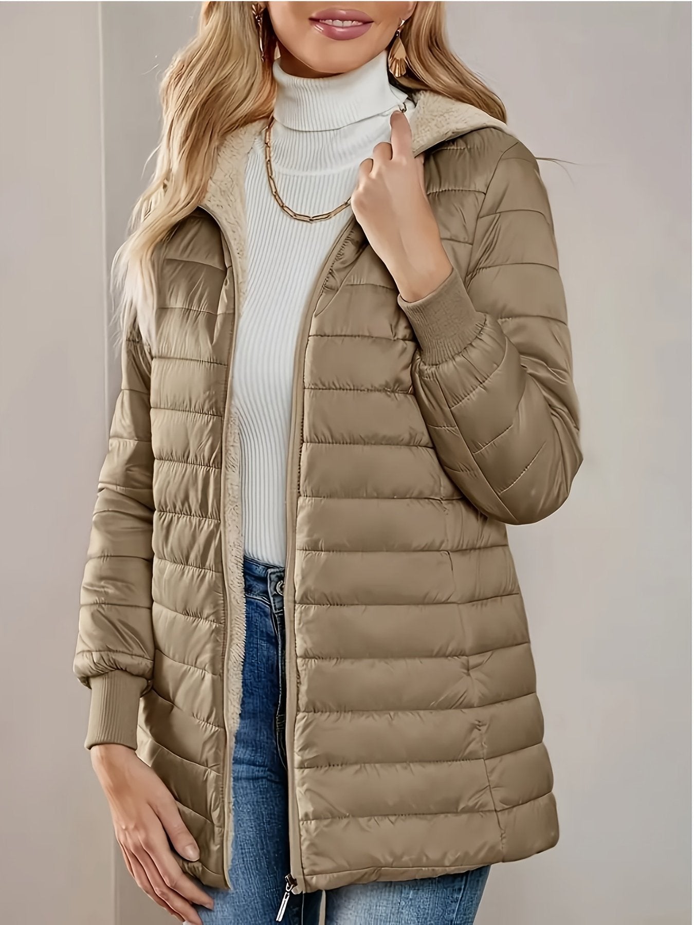 Black hooded padded coat for women, velvet lined winter warmth